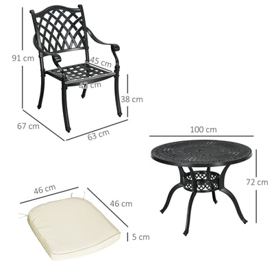 Outsunny Cast Aluminium 4 Seater Outdoor Dining Set with Cushions Parasol Hole Black 