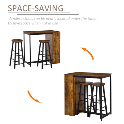HOMCOM Industrial Bar Table Set for 2, 3 Pieces Pub Table and Bar Stools with Storage Shelf for Kitchen 