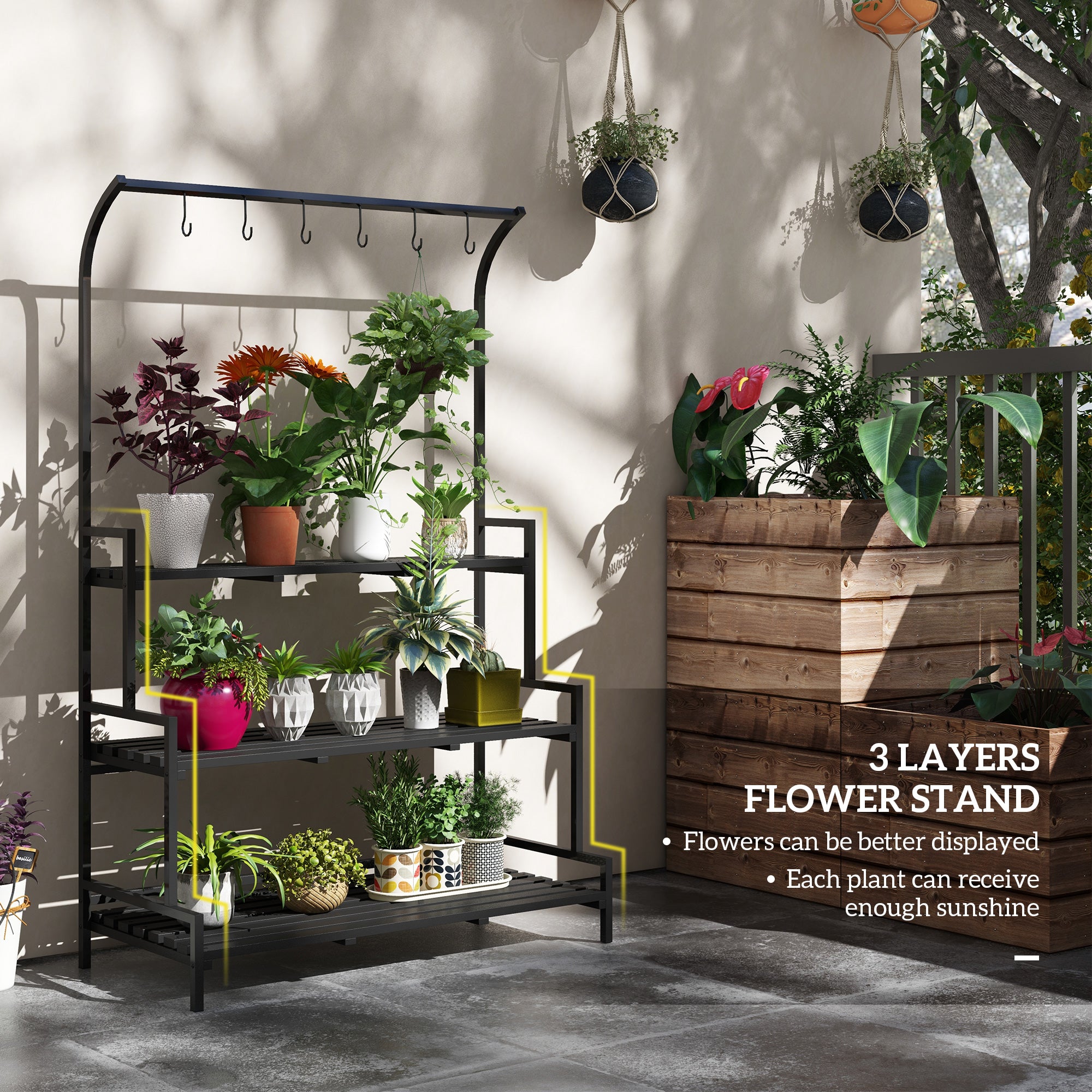 Outsunny 3 Tiered Plant Rack with Hanging Hooks, Tall Plant Stand for Indoor Outdoor Porch Balcony Use, Black 