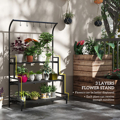 Outsunny 3 Tiered Plant Rack with Hanging Hooks, Tall Plant Stand for Indoor Outdoor Porch Balcony Use, Black 