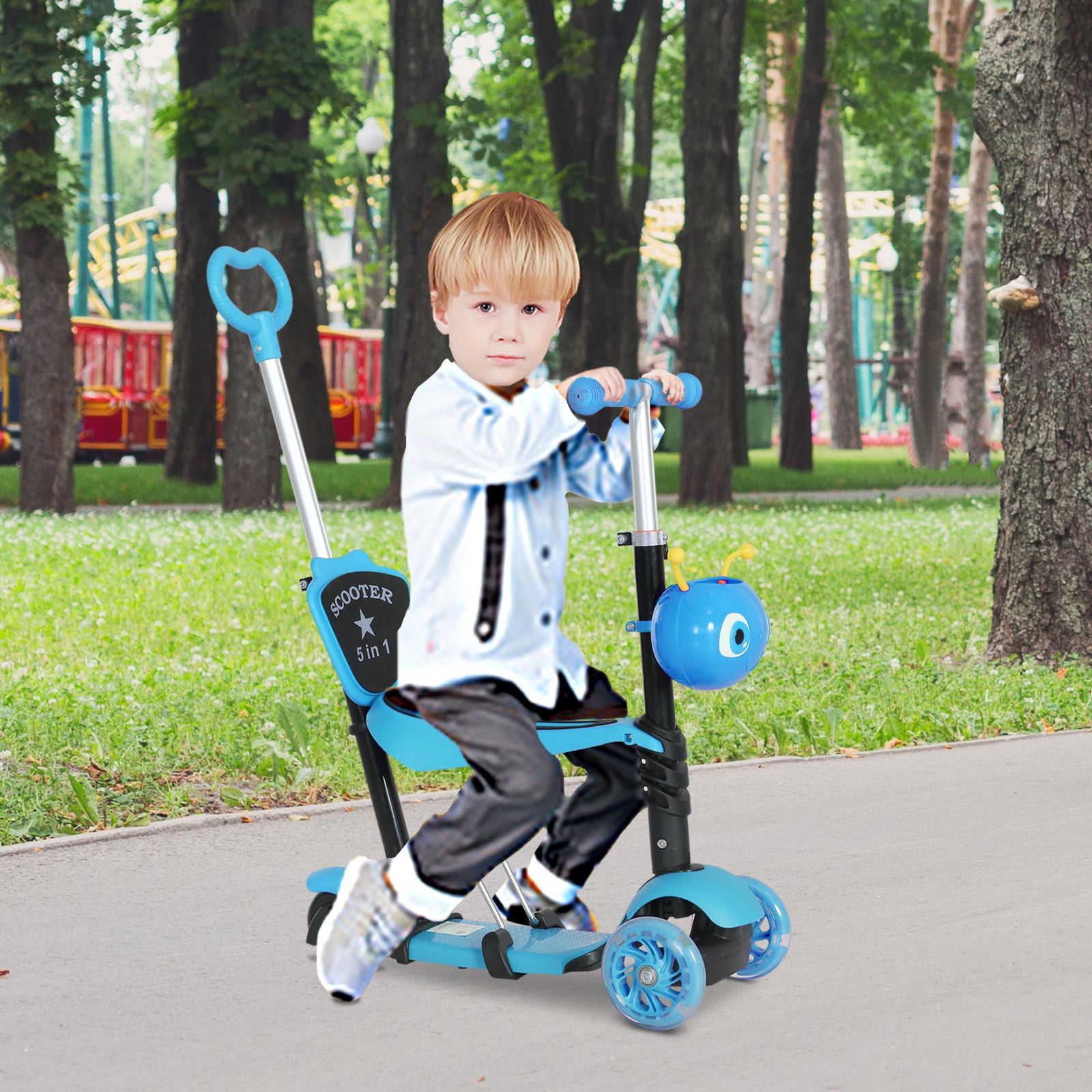 HOMCOM 5 in1 Kids  Scooter 3 Wheel Toddler scooter Kick Scooter with Adjustable Handlebar, Removable Seat & Back Rest for 18 Month+, Blue 