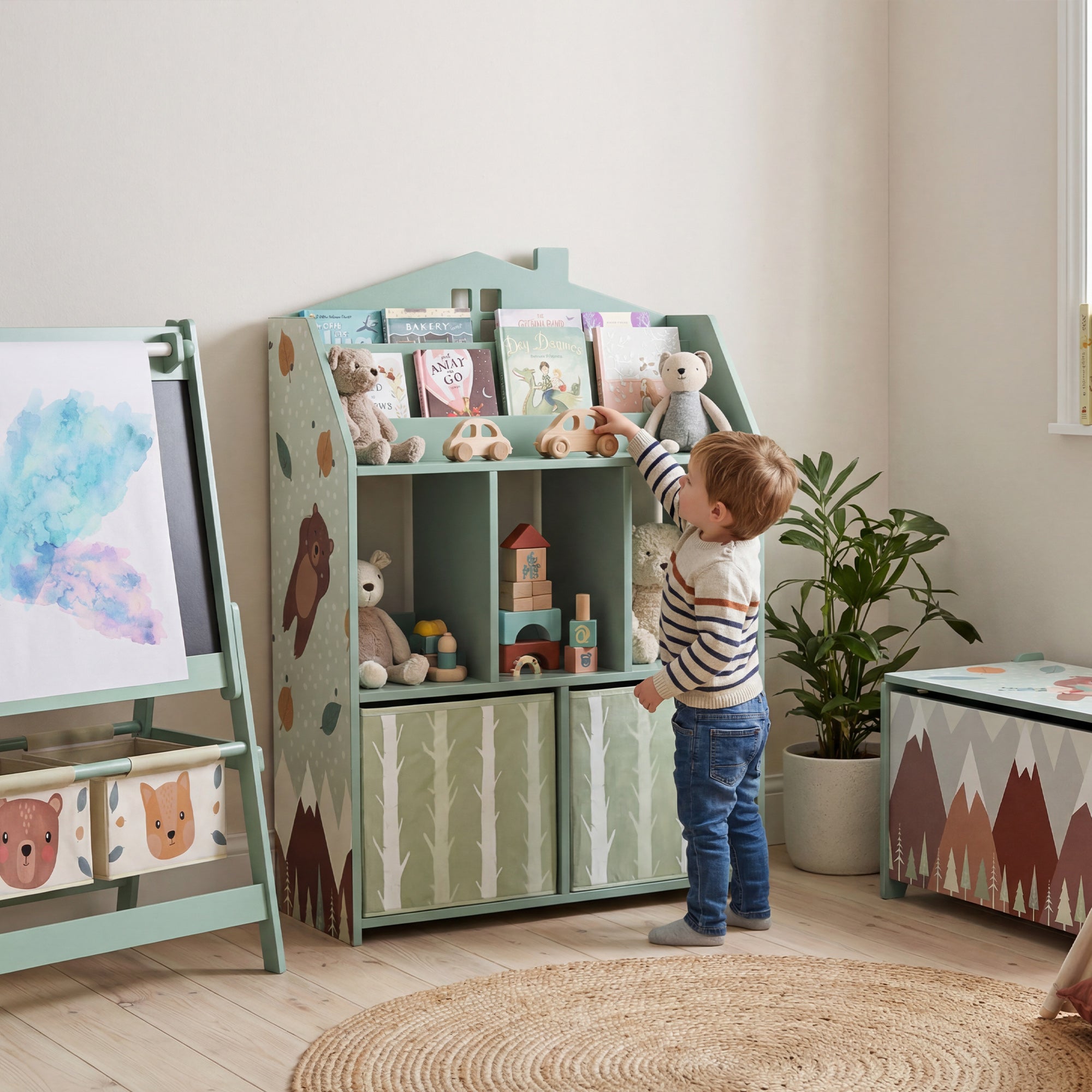 AIYAPLAY Kids Bookshelf with Storage, Toy Storage Unit with Book Display, Shelves and Fabric Drawers for Playroom Nursery, Green 