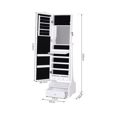 HOMCOM Jewellery Cabinet with led, mirroir Cabinet Armoire Floor Standing Flip-over Makeup Shelf Organizer with lock white 