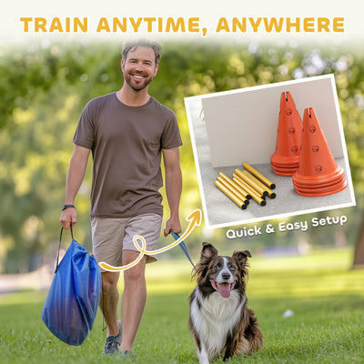 PawHut Dog Agility Equipment Set of Eight Cones, Eight Poles w/ Carry Bag, Four-Piece Adjustable Height Jumping Obstacles 