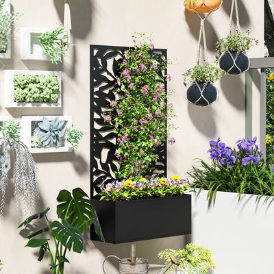 Outsunny Metal Garden Bed with Trellis, Wall Mounted or Freestanding Raised Planter with Privacy Panel, Black 