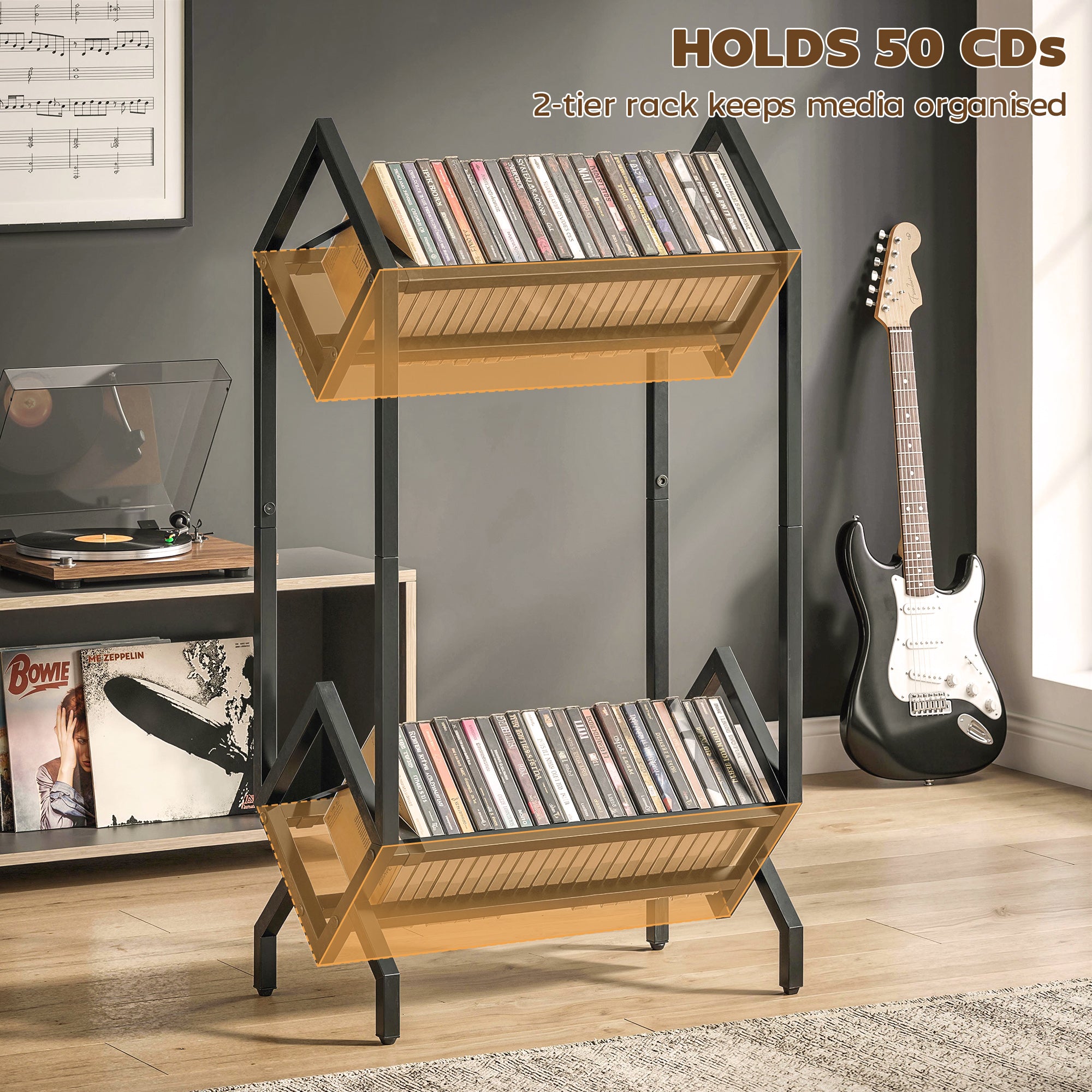 HOMCOM 50 CD Storage Rack, 2-Tier Metal CD Storage Unit, Free Standing, Easy to Assemble, Black 