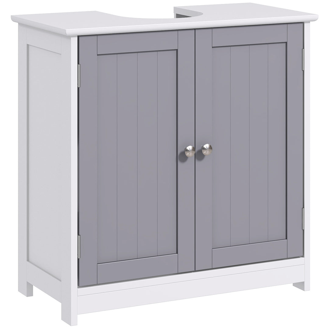 kleankin 60x60cm Under-Sink Storage Cabinet w/ Adjustable Shelf Handles Drain Hole Bathroom Cabinet Space Saver Organizer White and Grey 
