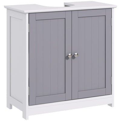 kleankin 60x60cm Under-Sink Storage Cabinet w/ Adjustable Shelf Handles Drain Hole Bathroom Cabinet Space Saver Organizer White and Grey 