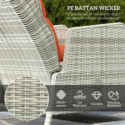 Outsunny 5 Pieces Rattan Bistro Set with Adjustable Back, Reclining Wicker Balcony Furniture with Cushions, Glass Top Coffee Table and Footstools, Outdoor Table and Chairs, Orange 