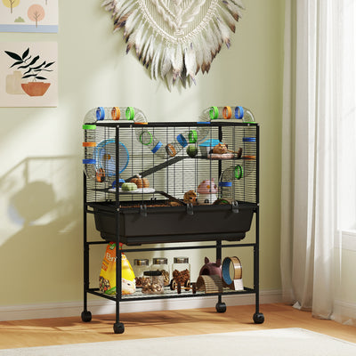 PawHut 3 Tier Large Hamster Cage on Wheels with 17 cm Deep Tray, Storage Shelf for Syrian, Gerbil, Rats 