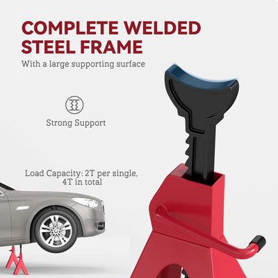 HOMCOM Axle Stands 2 Ton Car Jack Stands Pack of 2, 28-42.5 cm Height Adjustable Support Jack Stand, Heavy Duty Car Lift Tool for Vehicles, Caravans, Workshops, Garages, Red 