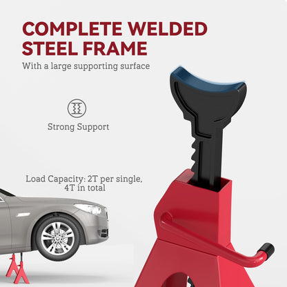 HOMCOM Axle Stands 2 Ton Car Jack Stands Pack of 2, 28-42.5 cm Height Adjustable Support Jack Stand, Heavy Duty Car Lift Tool for Vehicles, Caravans, Workshops, Garages, Red 