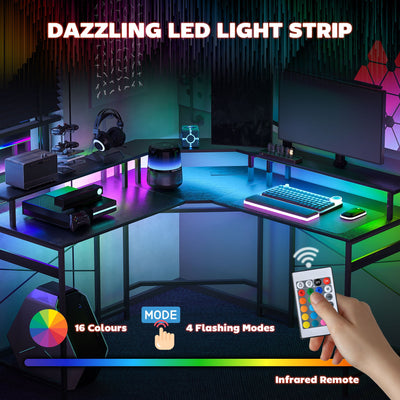 HOMCOM 'L' Shaped Work Desk, with LED Lights - Black 