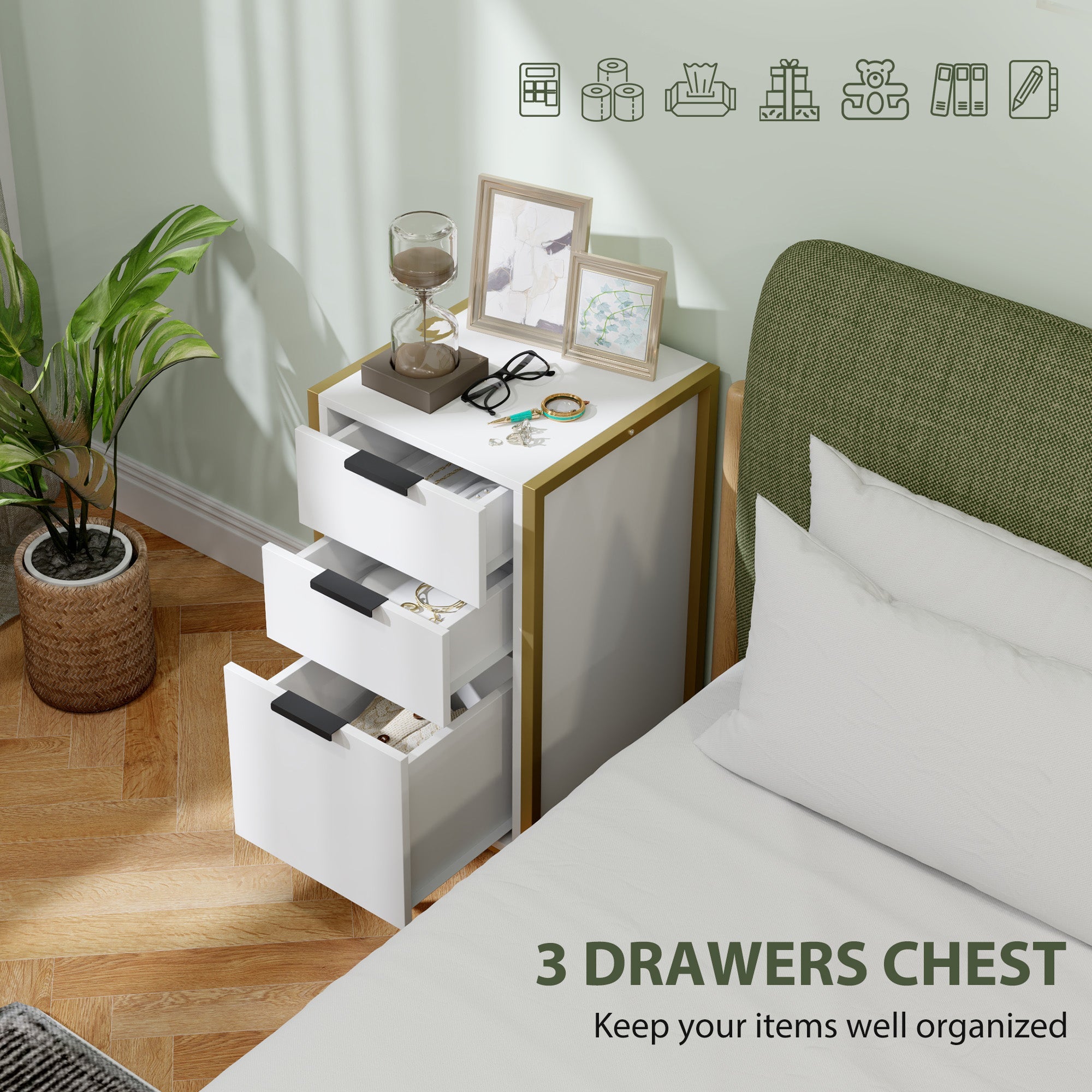 HOMCOM Bedroom Chest of Drawers, Industrial 3-Drawer Dresser, Storage Drawers Unit with Metal Frame for Living Room, White 