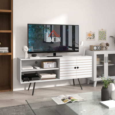 HOMCOM TV Stand with Cupboard, Open Shelves, Striped Doors, Wooden legs, White 