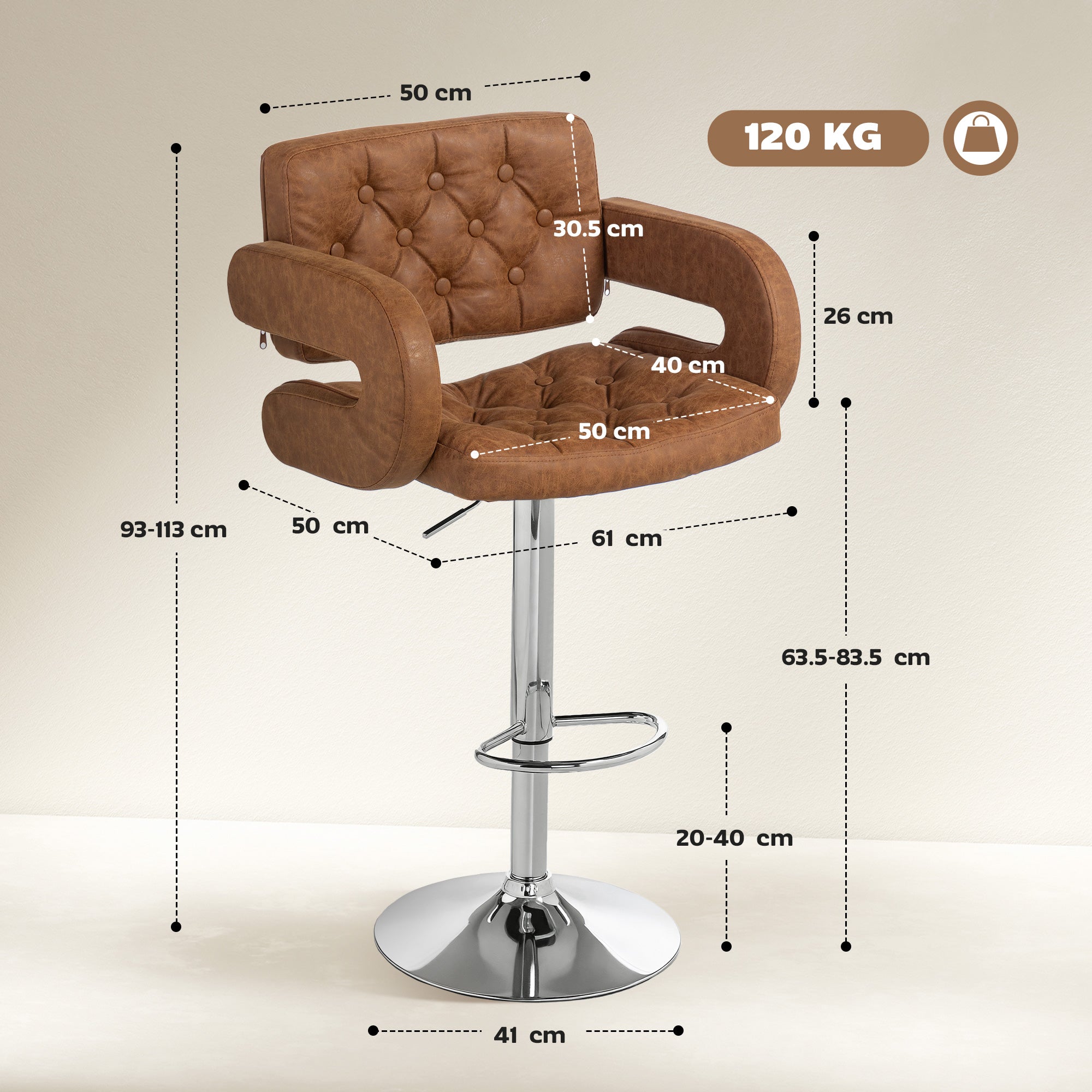 HOMCOM PU Leather Upholstered Swivel Bar Stool, Height Adjustable with Back, Armrest, Footrest, Brown 