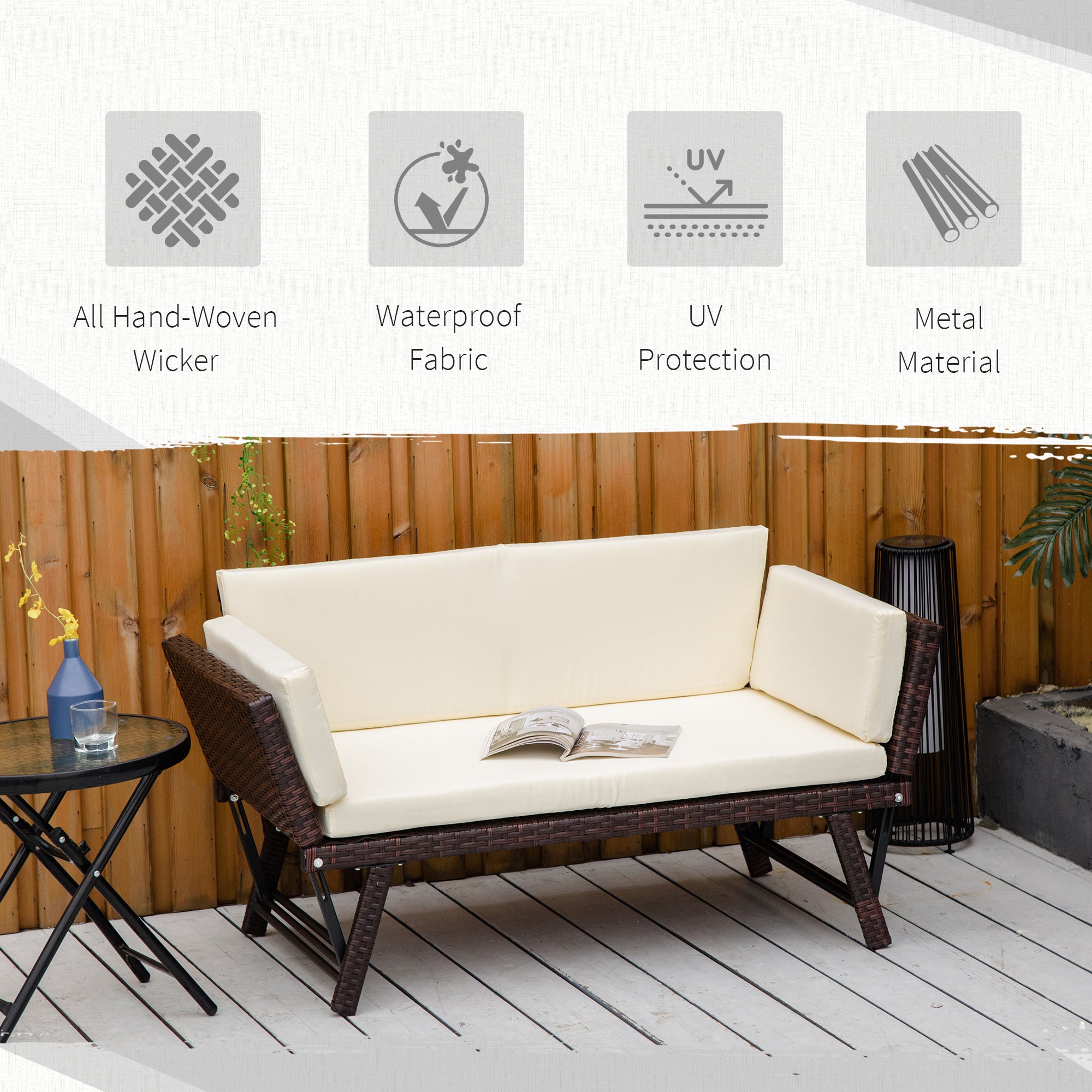 Outsunny 2-Seater 2-in-1 Rattan Convertible Sofa Daybed Brown 