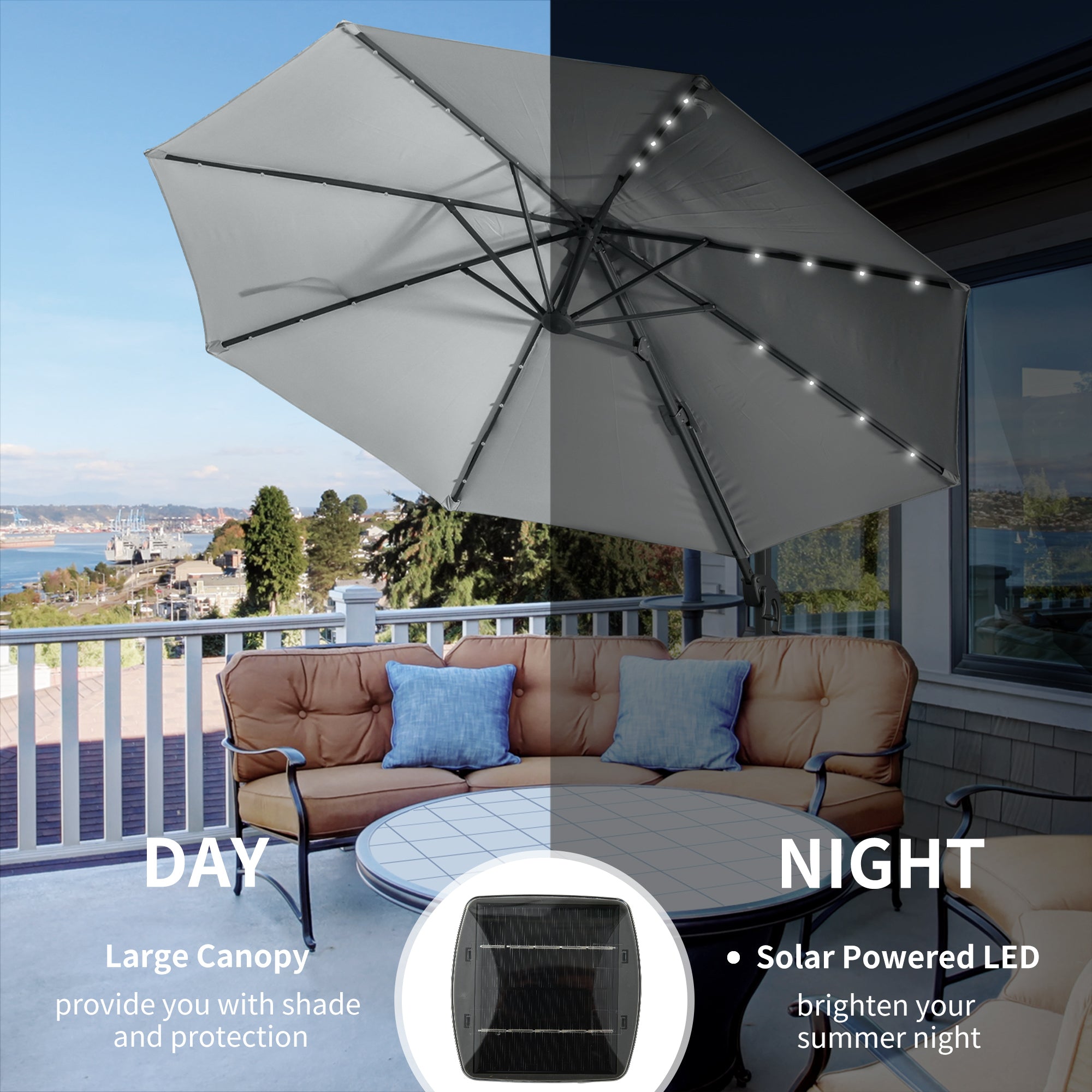 Outsunny 3(m) LED Cantilever Parasol Garden Sun Umbrella w/ Cross Base and Solar Lights Grey 