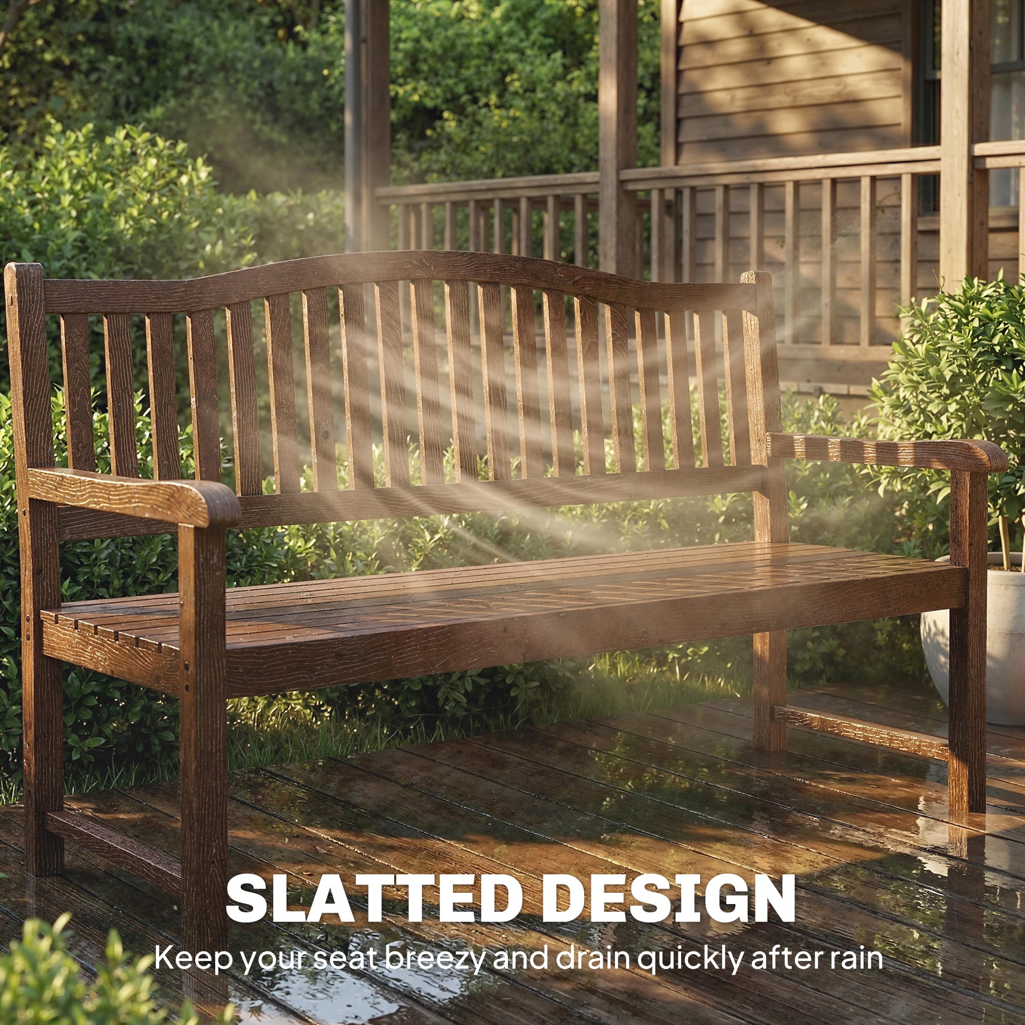 Outsunny Garden Loveseat Bench, 2-3 Seater Outdoor Bench with Liftable Table and Waterproof Cover, Light Brown 