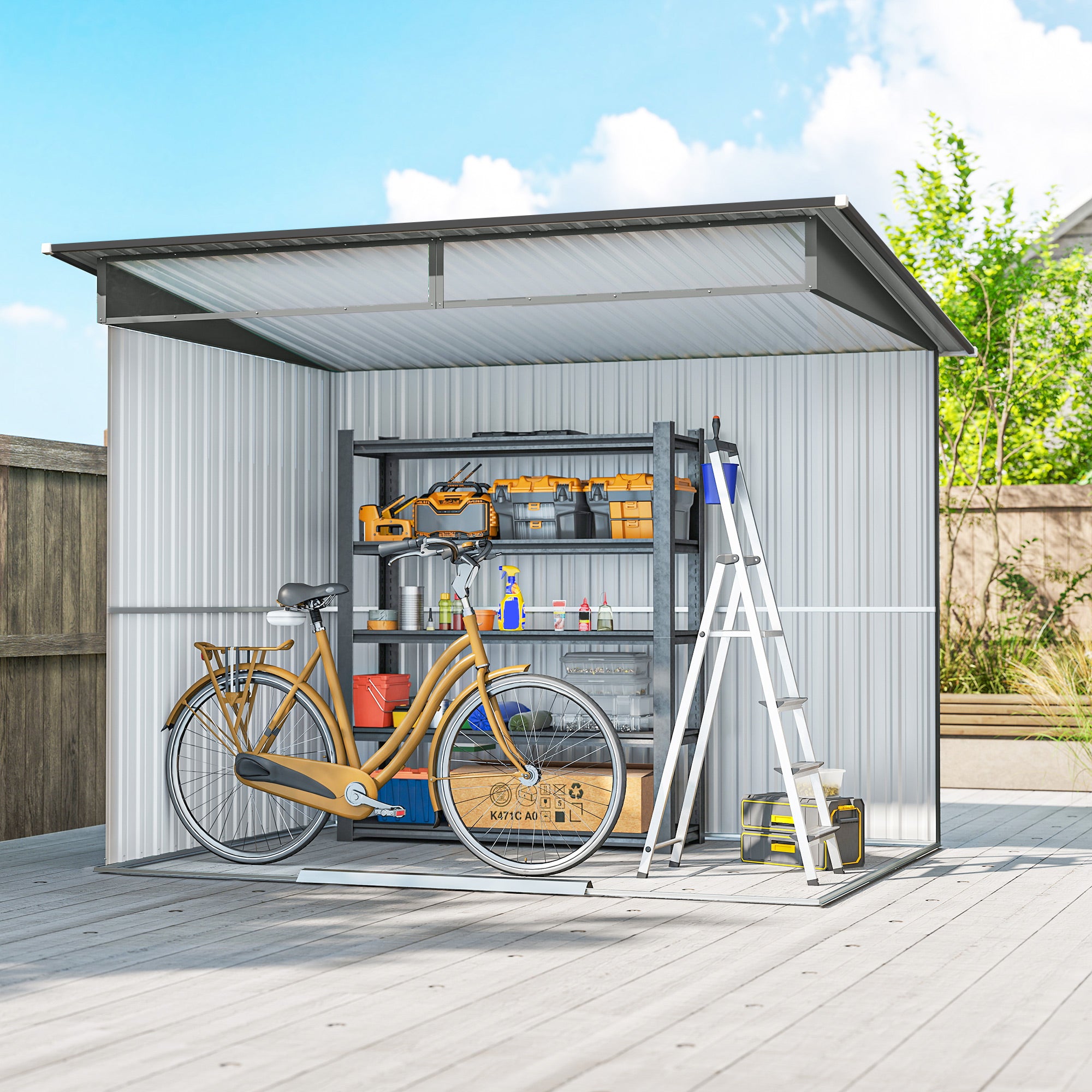Outsunny 9ft x 6.5ft Garden Storage Shed with Top Window, Metal Outdoor Shed Tool House with Double Doors, Light Grey 