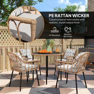 Outsunny 5 Piece Patio Rattan Dining Set, Wicker Garden Table and Chairs w/ Removable Seat & Back Cushions, Round Tempered Glass Tabletop, Parasol Hole, Outdoor Furniture Conservatory Set, Light Brown 