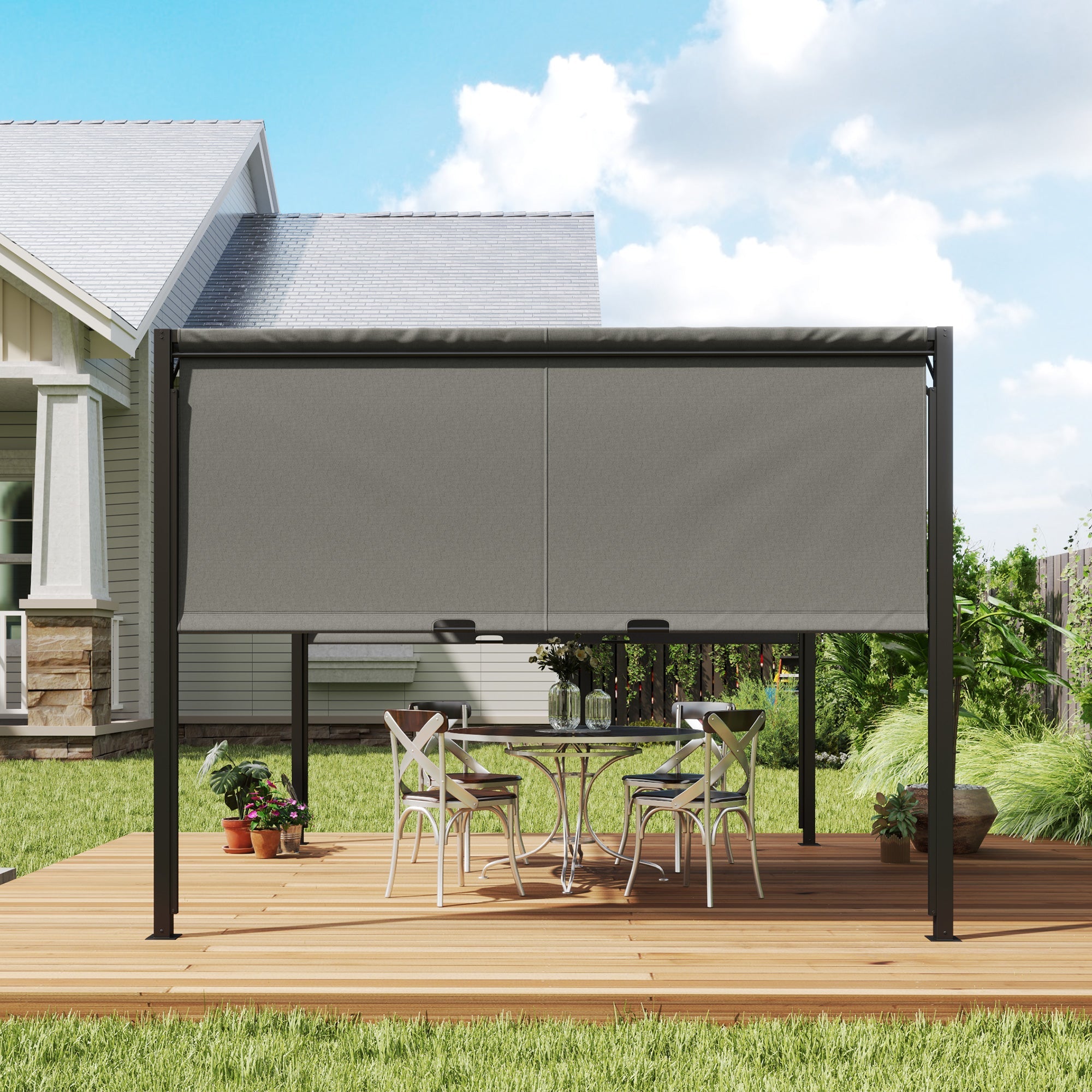 Outsunny 3 X 3 Meters Pergola with Retractable Roof, Garden Gazebo with Adjustable Sun Shade Canopy and Steel Frame, Charcoal Grey 