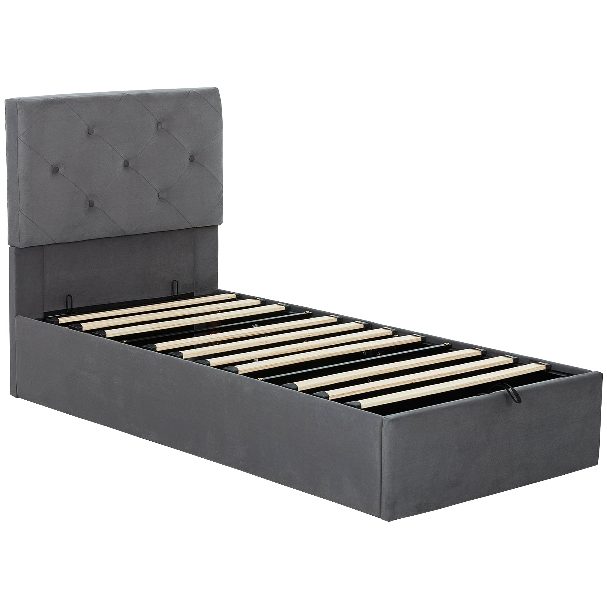 HOMCOM Single Bed Frame Gas Side Lift Under Bed Storage Upholstered Platform Bed Tufted Headboard for 90 x 190 cm Mattress 