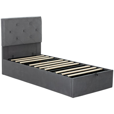 HOMCOM Single Bed Frame Gas Side Lift Under Bed Storage Upholstered Platform Bed Tufted Headboard for 90 x 190 cm Mattress 