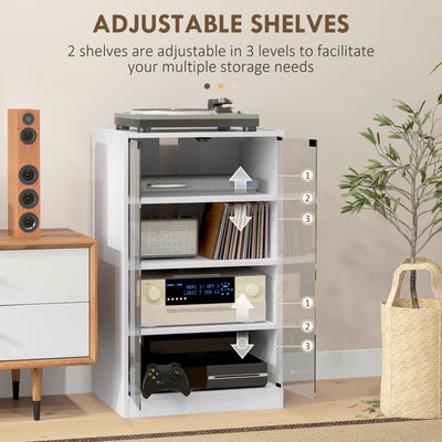 HOMCOM 4-Tier Hi-Fi Stand, Record Player Stand with Adjustable Shelves and Push-to-Open Glass Doors, White Wood-Effect