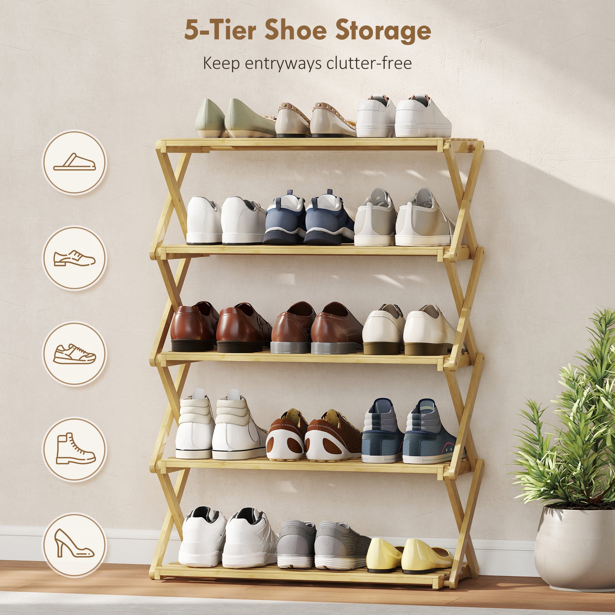 HOMCOM Five-Tier Folding Bamboo Shoe Rack - Natural Finish 