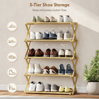 HOMCOM Five-Tier Folding Bamboo Shoe Rack - Natural Finish 