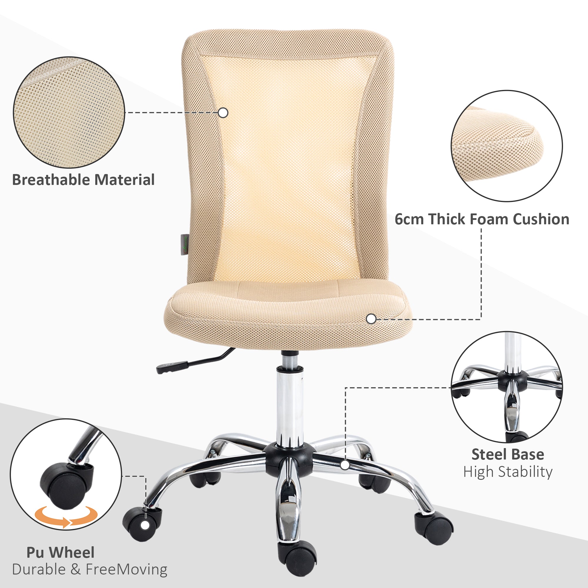 Vinsetto Computer Desk Chair, Mesh Office Chair with Adjustable Height and Swivel Wheels, Armless Study Chair, Beige 