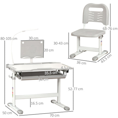 HOMCOM Kids Study Desk and Chair Set w/ Adjustable Height, Storage, Drawer, Grey 
