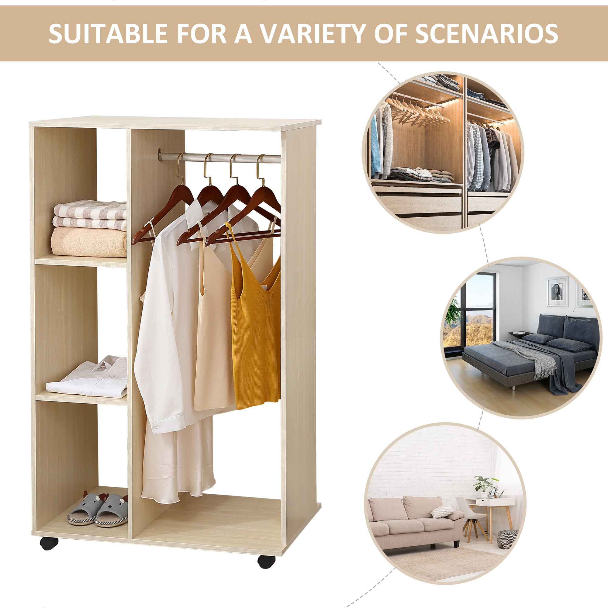 HOMCOM Open Wardrobe on Wheels, Bedroom Wardrobe with Clothes Hanging Rail, 3 Storage Shelves, Mobile Garment Rack for Cloakroom, Hallway, Maple Wood-Effect 