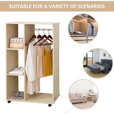HOMCOM Open Wardrobe on Wheels, Bedroom Wardrobe with Clothes Hanging Rail, 3 Storage Shelves, Mobile Garment Rack for Cloakroom, Hallway, Maple Wood-Effect 
