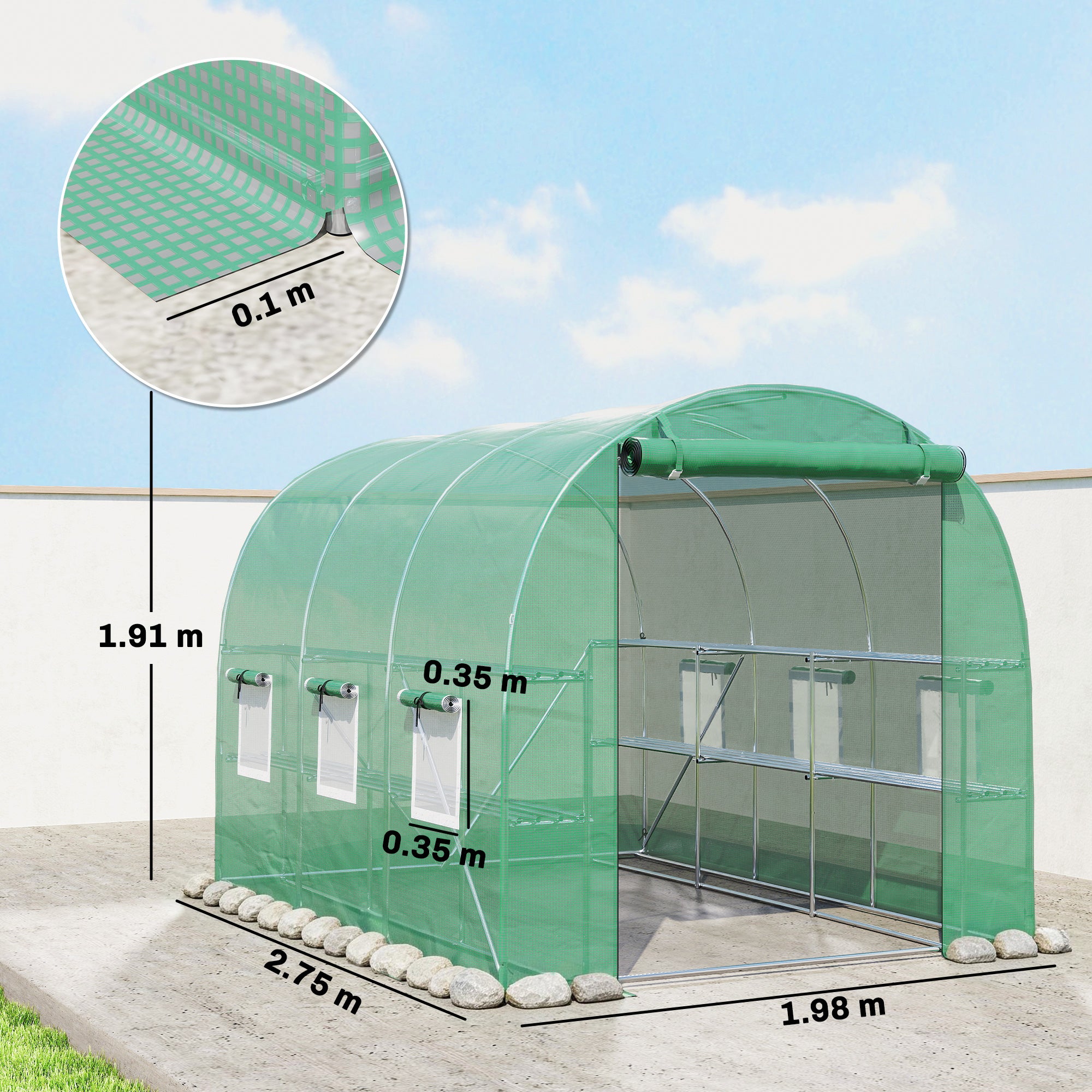 Outsunny Walk-in Greenhouse with Shelves, Polytunnel Greenhouse with Roll-Up Door, 6 Mesh Windows,198 x 275 x 191 cm, Green 