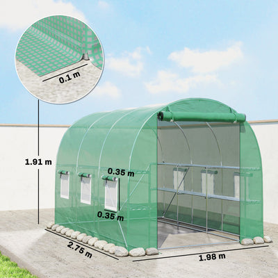 Outsunny Walk-in Greenhouse with Shelves, Polytunnel Greenhouse with Roll-Up Door, 6 Mesh Windows,198 x 275 x 191 cm, Green 