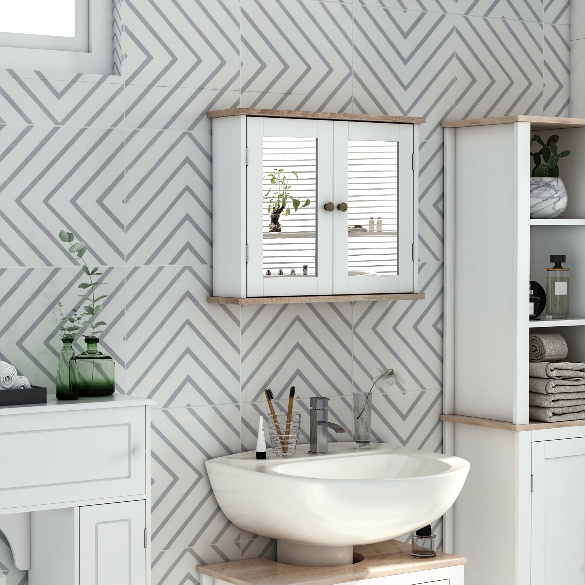 kleankin Bathroom Mirror Cabinet Wall Mounted Storage Cupboard with Double Door and Adjustable Shelf, White 