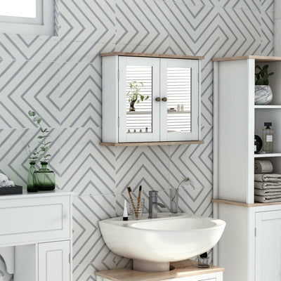 kleankin Bathroom Mirror Cabinet Wall Mounted Storage Cupboard with Double Door and Adjustable Shelf, White 