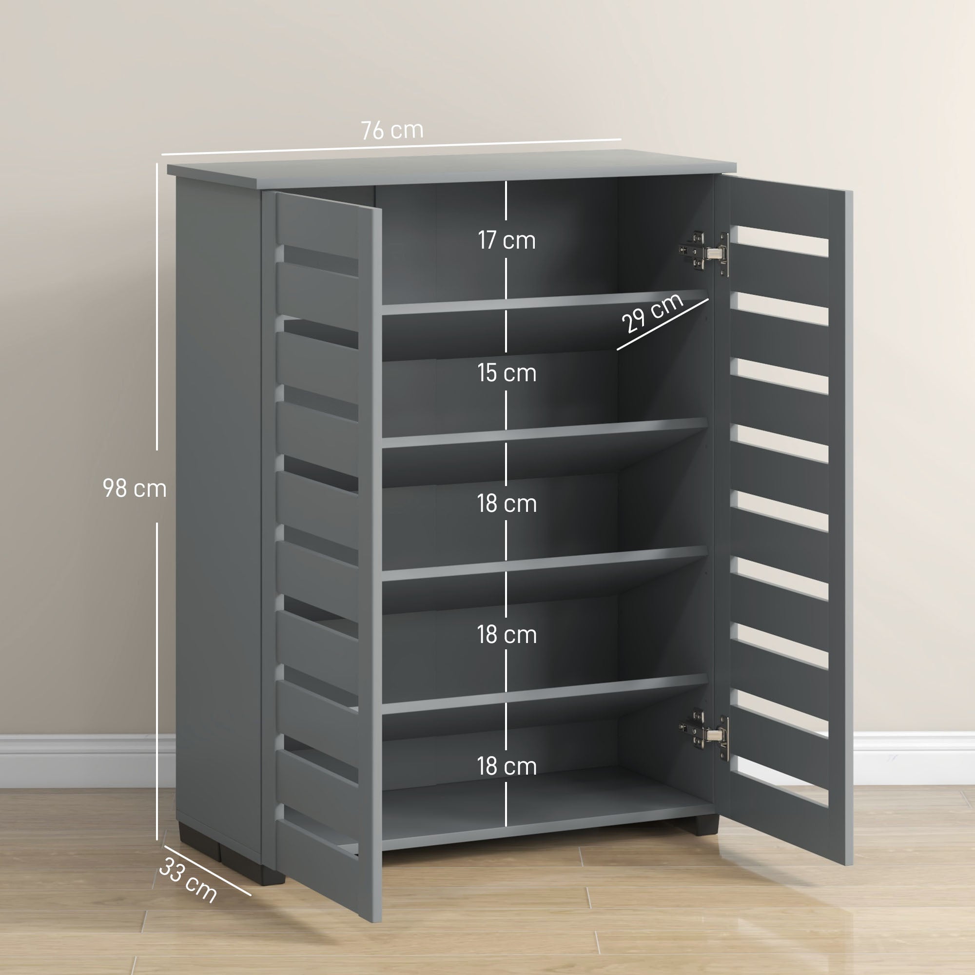 HOMCOM Narrow Shoe Cabinet for Entryway, 5-Tier Slim Shoe Storage Cabinet with 2 Slatted Doors and Adjustable Shelves Grey 