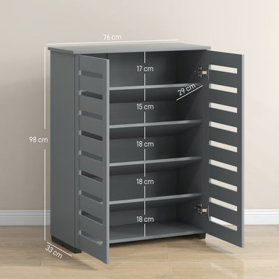 HOMCOM Narrow Shoe Cabinet for Entryway, 5-Tier Slim Shoe Storage Cabinet with 2 Slatted Doors and Adjustable Shelves Grey 
