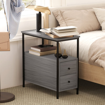 HOMCOM Side Table, Narrow Bedside Table with 2 Drawers and Storage Shelf, Industrial End Table with Metal Frame for Small Spaces, Grey Wood Grain 