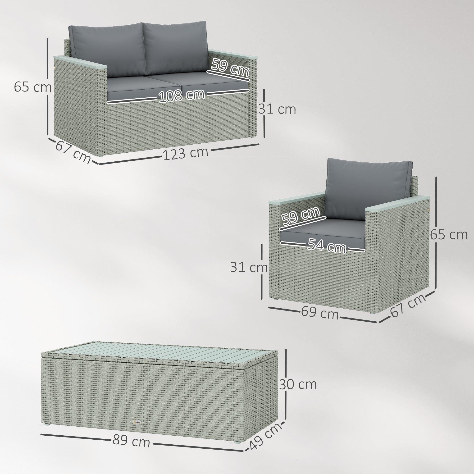 Outsunny 4 Piece Rattan Garden Furniture Set, 4 Seater Wicker Outdoor Sofa Set with 2 Armchairs, Loveseat, Acacia Wood Top Coffee Table, Cushions, Patio Conservatory Set for Balcony, Light Grey