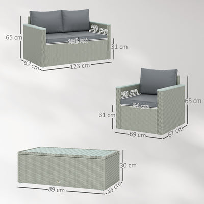 Outsunny 4 Piece Rattan Garden Furniture Set, 4 Seater Wicker Outdoor Sofa Set with 2 Armchairs, Loveseat, Acacia Wood Top Coffee Table, Cushions, Patio Conservatory Set for Balcony, Light Grey 