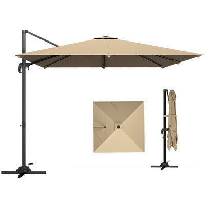 Outsunny 3 x 3 m Cantilever Parasol, Square Patio Umbrella with Crank Handle, Cross Base, Tilt, 360° Rotation, Khaki 