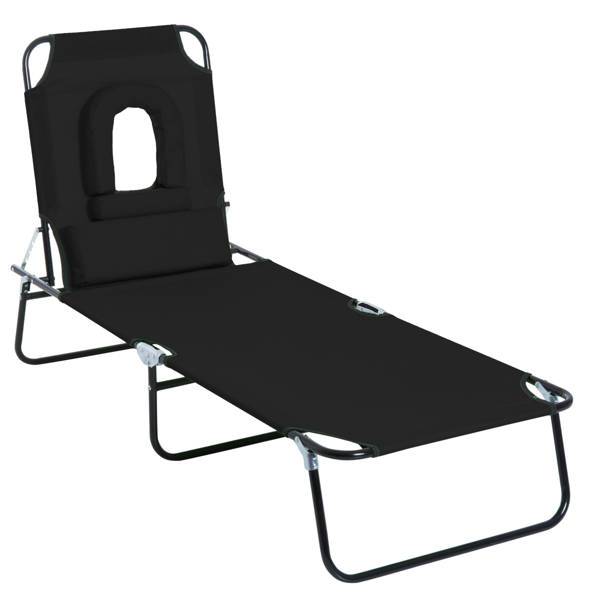 Outsunny Outdoor Foldable Sun Lounger, 4 Level Adjustable Backrest Reclining Sun Lounger Chair with Pillow and Reading Hole, Black 