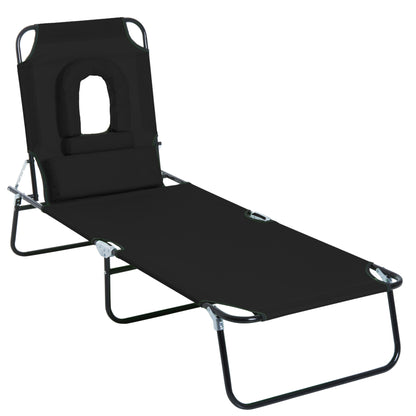 Outsunny Outdoor Foldable Sun Lounger, 4 Level Adjustable Backrest Reclining Sun Lounger Chair with Pillow and Reading Hole, Black 