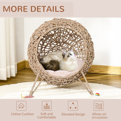 PawHut Wicker Cat Bed, Ball-Shaped Rattan Elevated Cat Basket with Three Tripod Legs, Cushion - Natural Wood Finish 