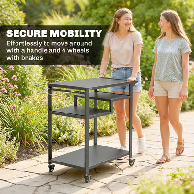 Outsunny Outdoor Grill Cart, Three-Tier Pizza Oven Stand  with Steel Tabletop, Hooks, Rubbish Bag Holder, Wheels, Black 
