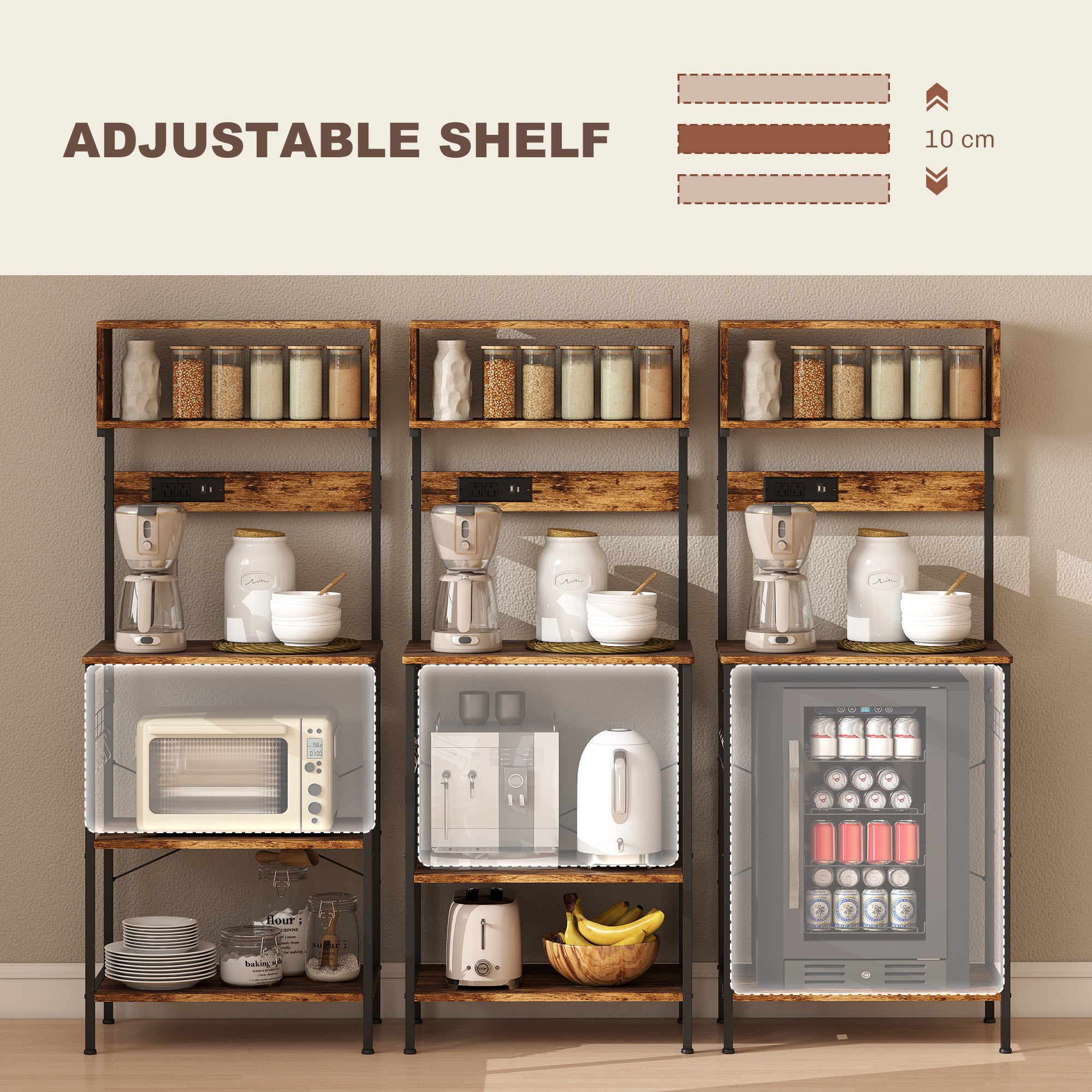 HOMCOM Kitchen Storage Rack, Bakers Rack with Power Outlet, USB Charger, Rustic Brown 